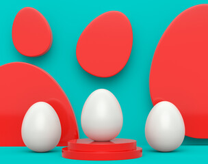 Farm white egg on podium and crowd of eggs standing in line on green background