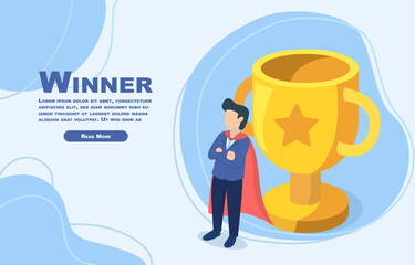 Super boss standing in front of a trophy, looking proud and accomplished. The trophy is a symbol of success, achievement, and completion. It represents leadership, motivation. Vector illustration.