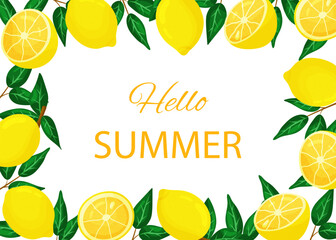 Vector banner with lemons and lemon slices with text hello summer. Flyer for celebrate event and social media. Backdrop for holiday event.