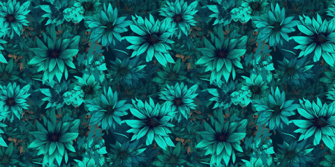 Dark turquoise repeating pattern background, tropical leaves, abstract art design – created with generative AI