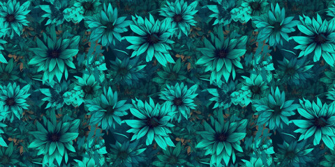 Dark turquoise repeating pattern background, tropical leaves, abstract art design – created with generative AI