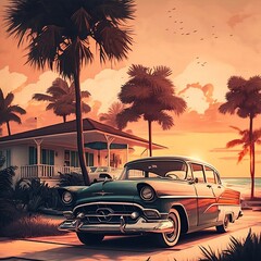 Retro-style sunset on Palm Beach. Generative AI.