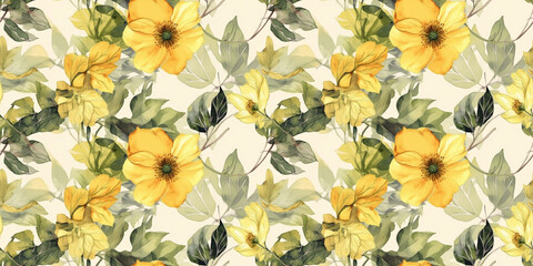 Rudbeckia repeating pattern background, tropical leaves, abstract art design – created with generative AI