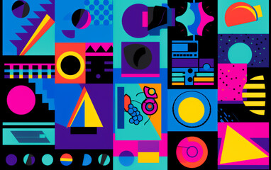 Colorful 80s Retro patterns, shapes and colors for that vintage 1980s style. Illustrative Generative AI.