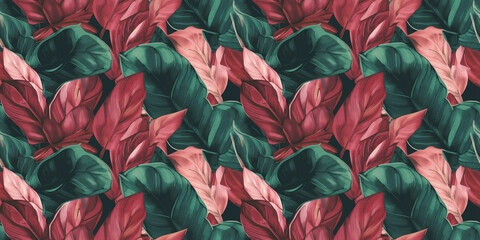 Repeating pattern background, tropical leaves, abstract art design, crimson – created with generative AI