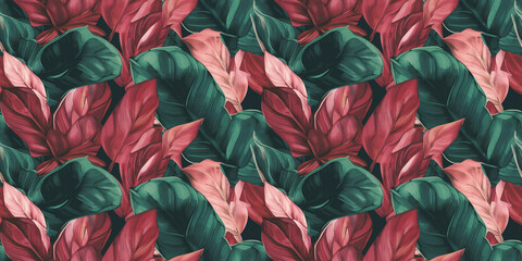 Repeating pattern background, tropical leaves, abstract art design, crimson – created with generative AI