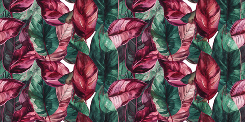 Repeating pattern background, tropical leaves, abstract art design, crimson – created with generative AI