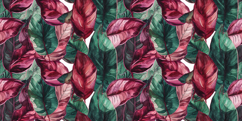 Repeating pattern background, tropical leaves, abstract art design, crimson – created with generative AI