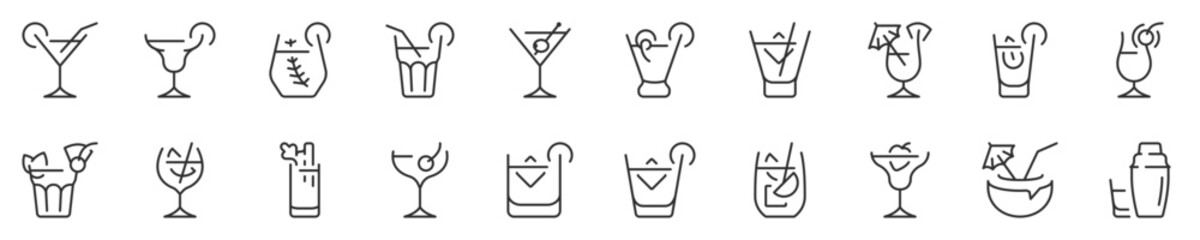 Classic alcoholic cocktails and cocktail glasses thin line icon set. Symbol collection in transparent background. Editable vector stroke. 512x512 Pixel Perfect. - obrazy, fototapety, plakaty