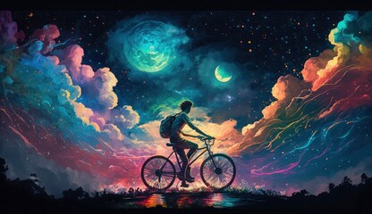 illustration painting of love riding on bicycle against night sky with colorful clouds, digital art style, Generate Ai