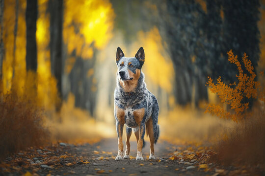 An Australian cattle dog walking through the forest in the fall. Generative Ai