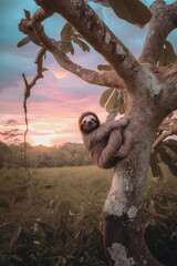 Soft and dreamy pastel skies in background with an adorable baby sloth in a tree in the foreground. Generative Ai
