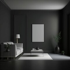 Home mockup of cozy dark living room interior with sofa. Generative AI.