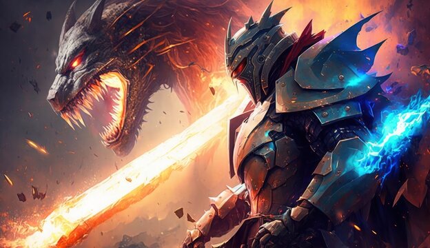 Digital illustration painting design style a knight in Hi tech armour suit and hole big sword against big dragon in explosion, ready fighting, Generate Ai