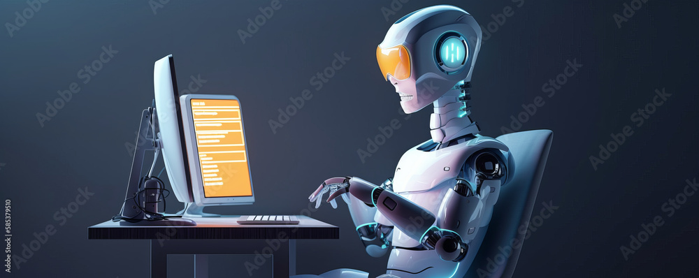 Poster virtual assistant on the job. 3d illustration of an ai chatbot working and chatting in computer. gen