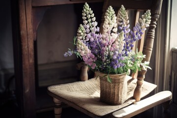 Fototapeta na wymiar Lupine flowers in rustic room. Countryside summer decor. Lupin bouquet on wooden country chair in bright room, collecting wildflowers. Generative AI