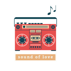 Creative illustration with pink boombox and label with text "sound of love". Analogue devices, cassette tape, player, recorder, nostalgic concept in flat modern style for Valentine's Day card design.