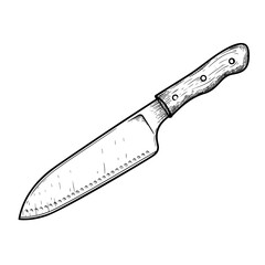 Santoku knife with wooden handle. Butcher and kitchen utensil. Chef's tool. Hand drawn sketch style drawing. Vector illustration.