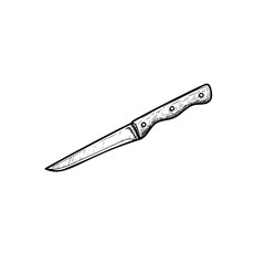 Steak knife with wooden handle. Butcher and kitchen utensil. Chef's tool. Hand drawn sketch style drawing. Vector illustration.