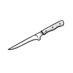 Boning knife with wooden handle. Butcher and kitchen utensil. Chef's tool. Hand drawn sketch style drawing. Vector illustration.