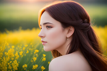 Portrait of a beautiful young woman against a field of spring flowers. Generative AI