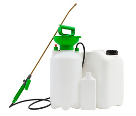 Cleaning and disinfection tools kit, isolated on white background. Manual pump sprayer nebulizer...