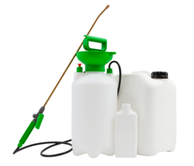 Cleaning and disinfection tools kit, isolated on white background. Manual pump sprayer nebulizer and jerry can to destroy bacteria housekeeping and pesticides for gardening Plants