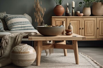 Obraz na płótnie Canvas Ethnic living room decor with copy space, beige bowl, seat, and attractive personal items. Grey concrete. Cozy flat. Furnishings. Generative AI