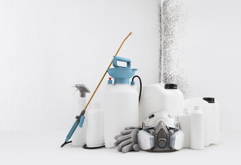 Cleaning and disinfection tools kit, isolated on white wall with mold background. Protective...