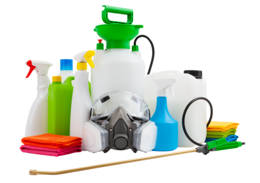 Cleaning and disinfection tools kit, isolated on white background. Protective respirator mask, manual pump nebulizer and jerry can to destroy bacteria housekeeping and pesticides for gardening Plants