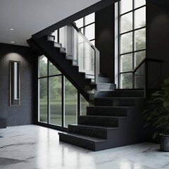 Modern, elegant U shape black cement stone stair, landing staircase with window, tempered glass panel, stainless steel handrail in polished concrete wall hall, marm floor.