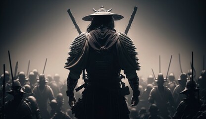 illustration painting A samurai with a katana stands ready to fight against a huge army. 3D illustration. 3D illustration, digital art style, Generate Ai
