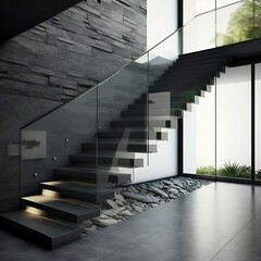 Modern, elegant U shape black cement stone stair, landing staircase with window, tempered glass panel, stainless steel handrail in polished concrete wall hall, stone floor.