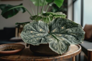 Alocasia Baginda Dragon Scale houseplant in flower pot on table in boho living room. Generative AI