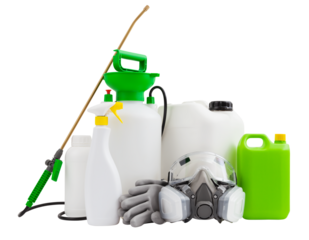 Cleaning and disinfection tools kit, isolated on white background. Protective respirator mask, manual pump nebulizer and jerry can to destroy bacteria housekeeping and pesticides for gardening Plants