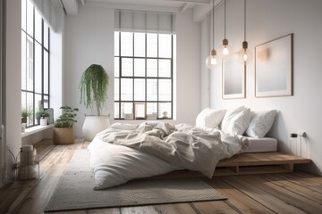 Modern comfy bedroom with minimalist white bed mattress on solid hardwood oak floor. Bright white minimalist room. Generative AI