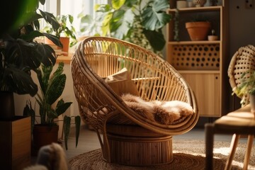 Fototapeta premium Vertical shot and closeup of stylish and comfortable room with boho style décor, wicker chair, pillows, cushions, green plants in flower pots. Generative AI