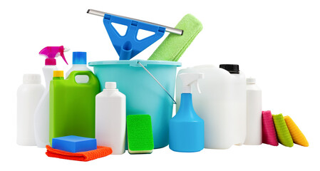 Housekeeping products, cleaning and disinfection tools kit, isolated on white background. Group of objects with Bucket, window squeegee, spray bottles, jerry cans, detergents, sponges and dust clothes - obrazy, fototapety, plakaty