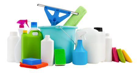 Housekeeping products, cleaning and disinfection tools kit, isolated on white background. Group of objects with Bucket, window squeegee, spray bottles, jerry cans, detergents, sponges and dust clothes