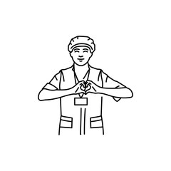 Smiling female nurse volunteer black line icon. Pictogram for web page