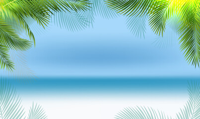 Fototapeta na wymiar Palm Tree Branch Border And Blue Ocean