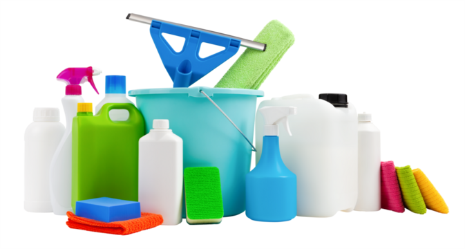 Housekeeping products, cleaning and disinfection tools kit, isolated on white background. Group of objects with Bucket, window squeegee, spray bottles, jerry cans, detergents, sponges and dust clothes