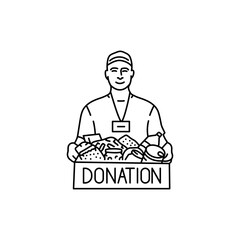 Smiling male volunteer with food in box black line icon. Pictogram for web page