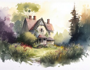 Watercolour picture of cottage in the woods