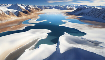 An ice lake surrounded by mountains on a sunny day