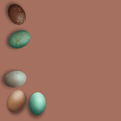 Easter decoration with green and brown luxurious isolated eggs, gold pattern on a rosy brown background. Decorative festive poster, post, wallpaper design idea with copy space for social media