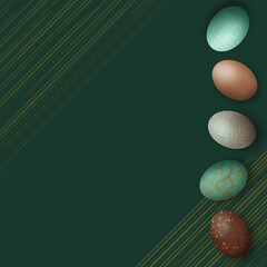 Arranged Easter Eggs on the right side in a line, emerald green background with a gold pattern and copy space, a luxurious modern easter holiday concept for social media posts, posters, banners, cards