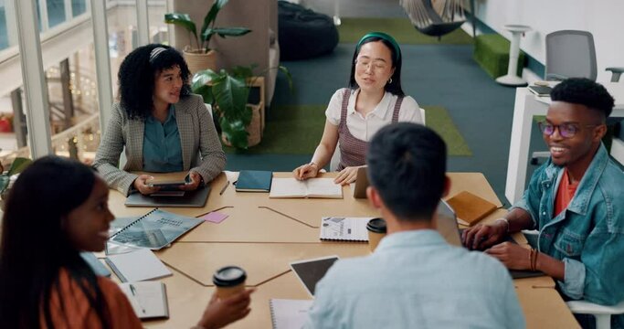 Digital marketing, seo or creative employees in a meeting talking, discussion or planning an advertising strategy. Digital agency, team work or young media people brainstorming ideas for sales growth