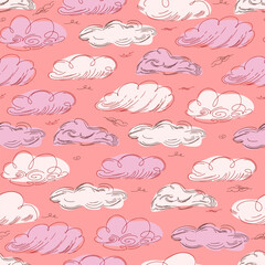 Seamless cloud pattern graphics in trendy style on white background.