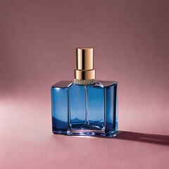 A blue perfume bottle with a gold cap and ornamental detail on a pink background. Generative AI